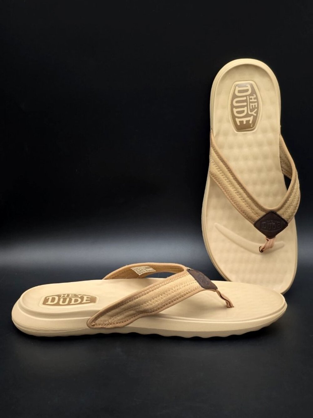 Hey Dude Myers Flip Sports Mode Thong Beige Leather Strap Sandals Men's Size 12